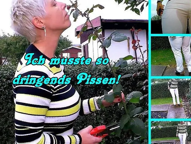 In die Weiße Hose gepisst bei der Gartenarbeit